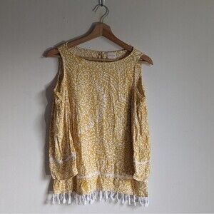 Chicos Yellow Floral Cold Shoulder Tassel Blouse Top Women's Size Small